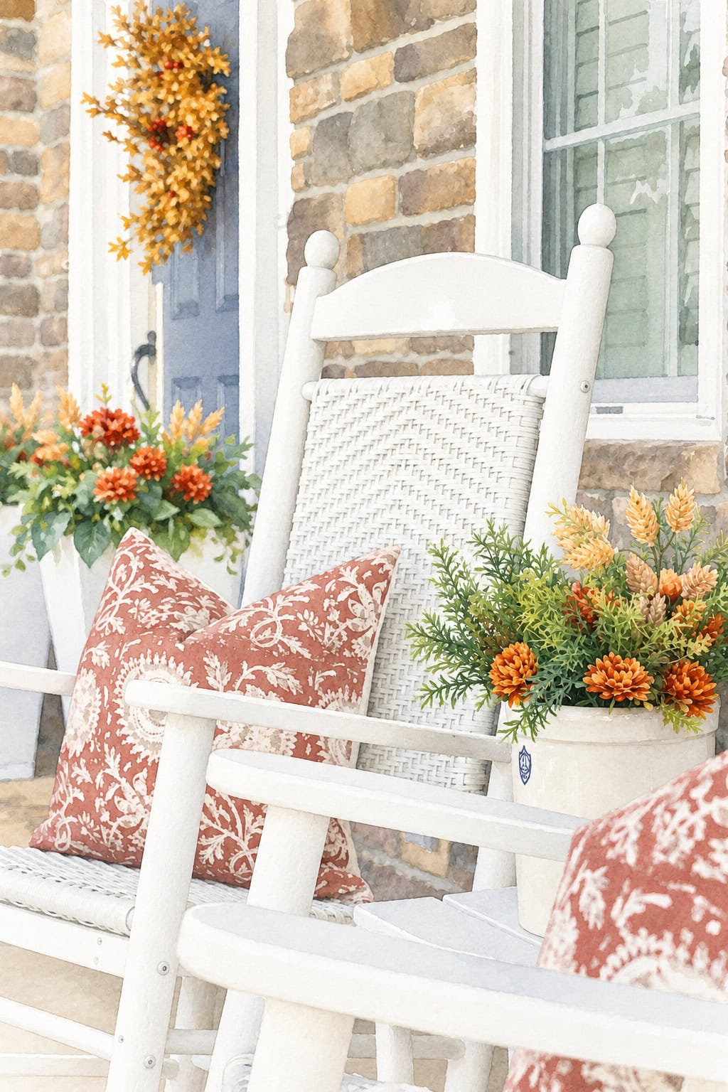 fall front porch rocking chair watercolor