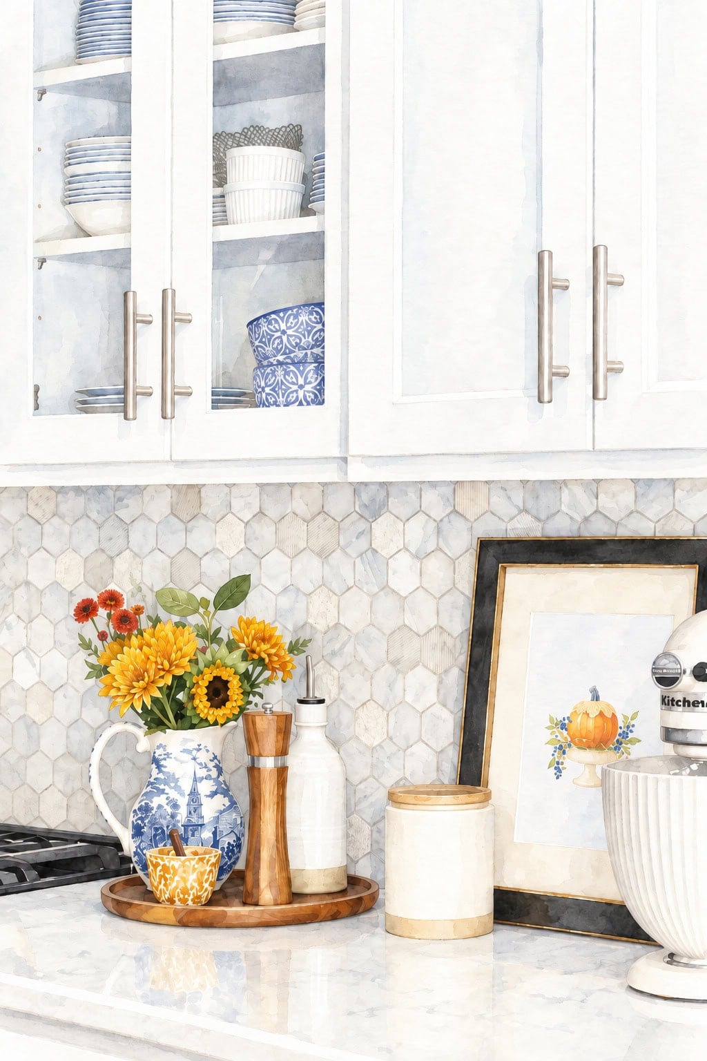 kitchen counter with fall decor watercolor