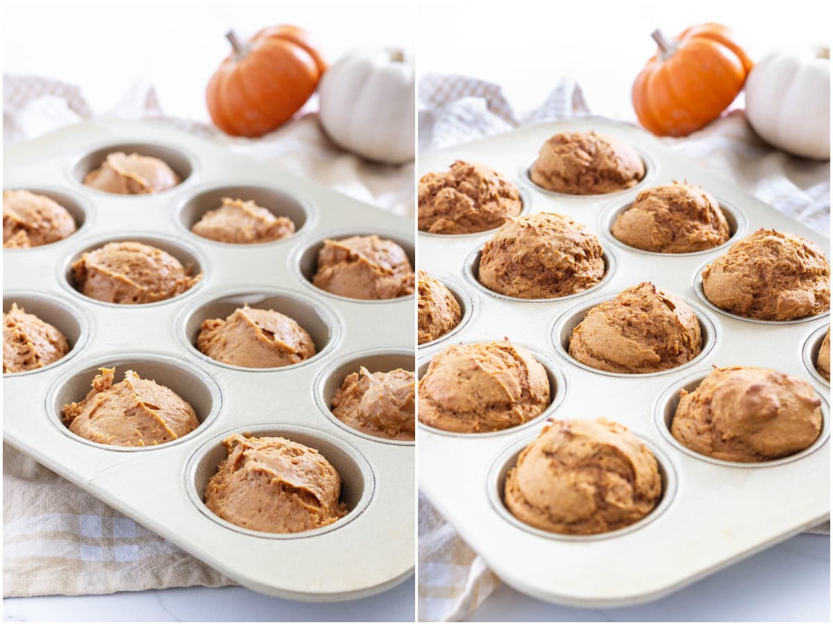 pumpkin muffins recipe with spice cake mix muffin pan collage