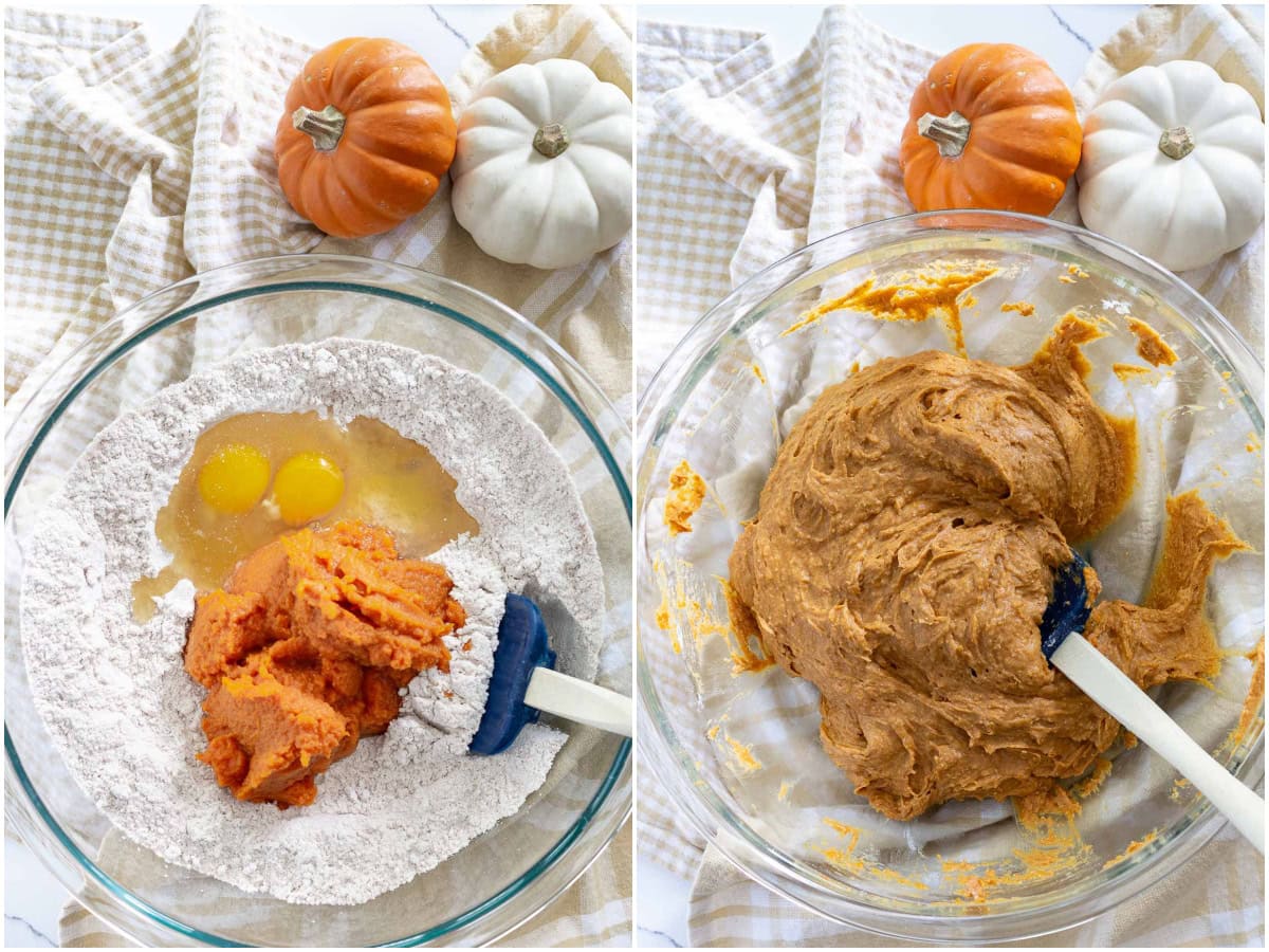 pumpkin spice muffins recipe with spice cake mix batter collage