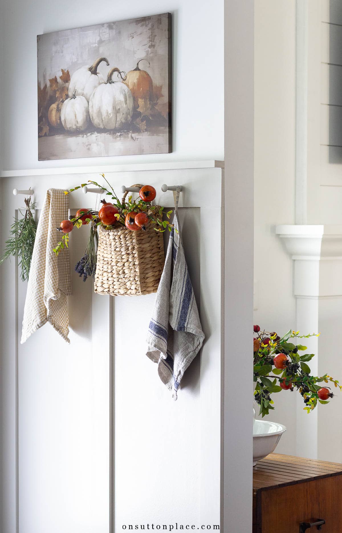 shaker peg wall with board and batten fall decor